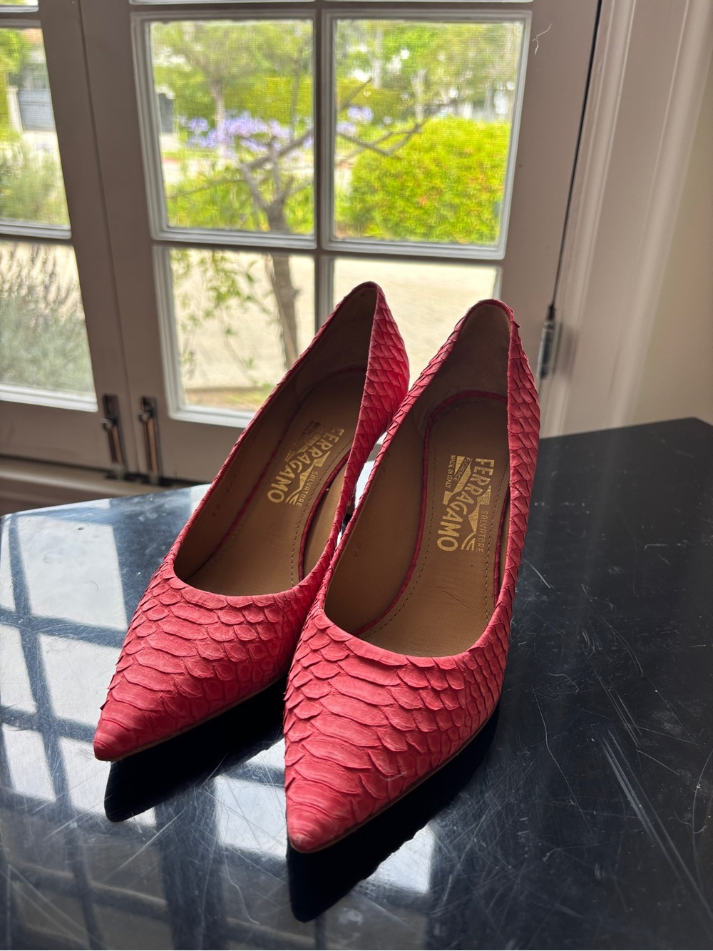 Salvatore Ferragamo Red Scaled Pointed-Toe Pumps